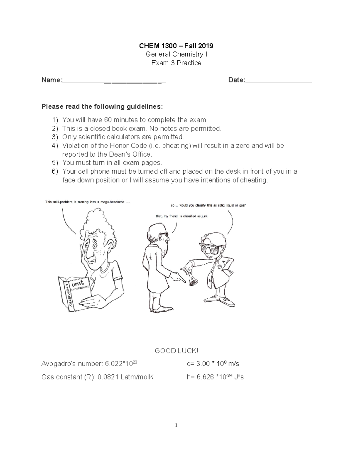 CHEM 1300 Exam 3 practice Key - CHEM 1300 – Fall 2019 General Chemistry ...