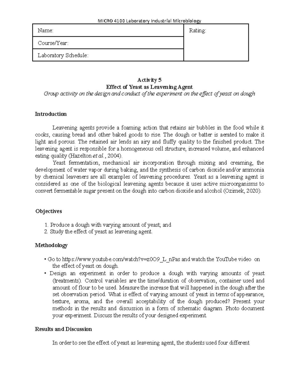 Activity 5 Effect of Yeast as Leavening Agent MICRO 4100 Laboratory