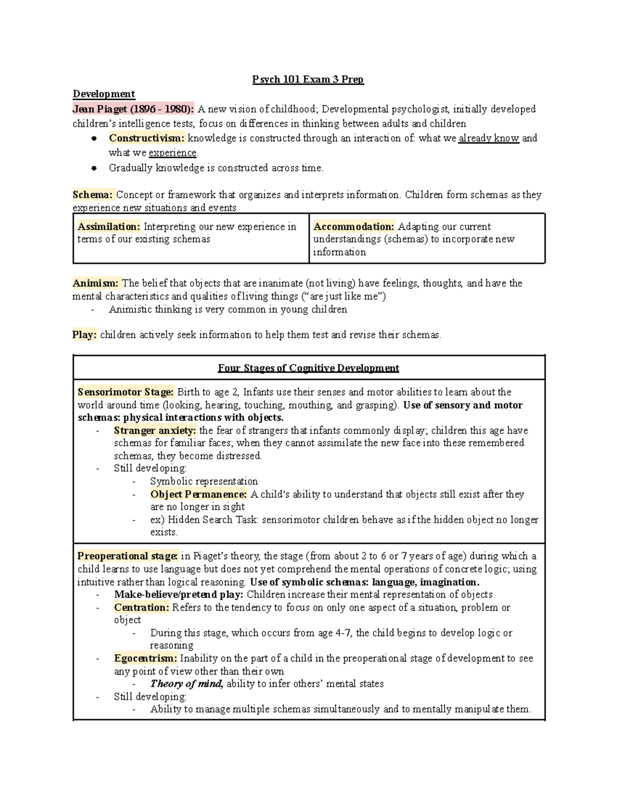 Psych 101 Pt. 3 Notes - Psych 101 Exam 3 Prep Development Jean Piaget ...