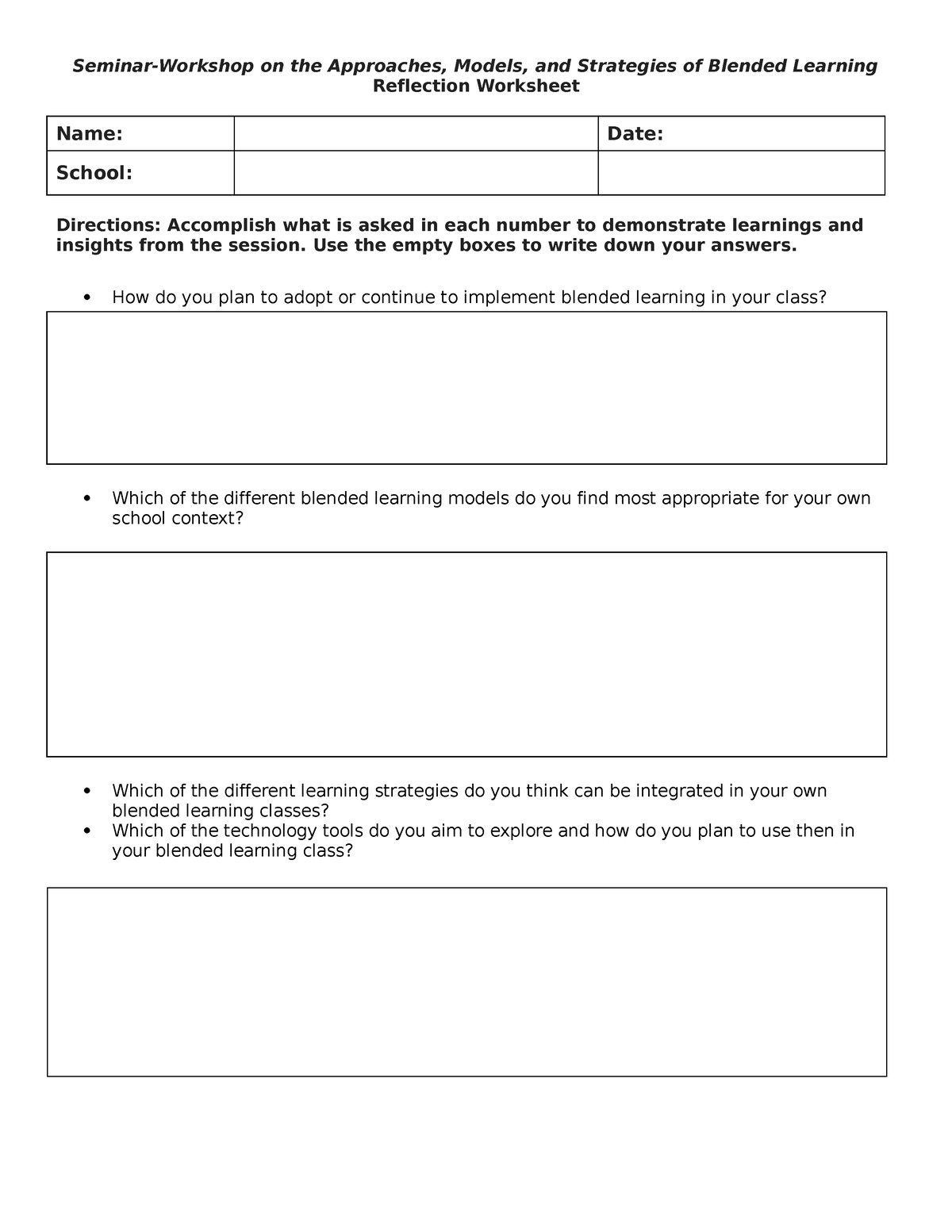 Blended Learning Reflection Worksheet - Seminar-Workshop on the ...