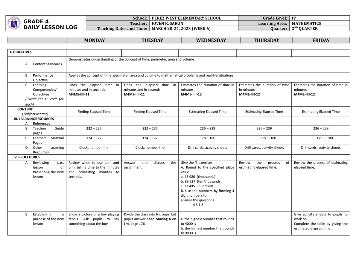 Dll Mathematics 4 Q3 W6 Grade 4 Daily Lesson Log School Perez West Elementary School Grade 0313