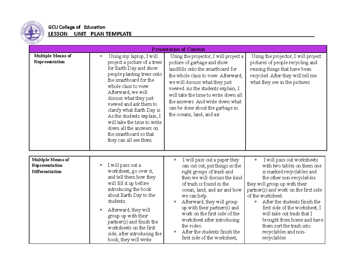 3 day Unit Plan Template Part Missed Presentation Of Content Multiple 