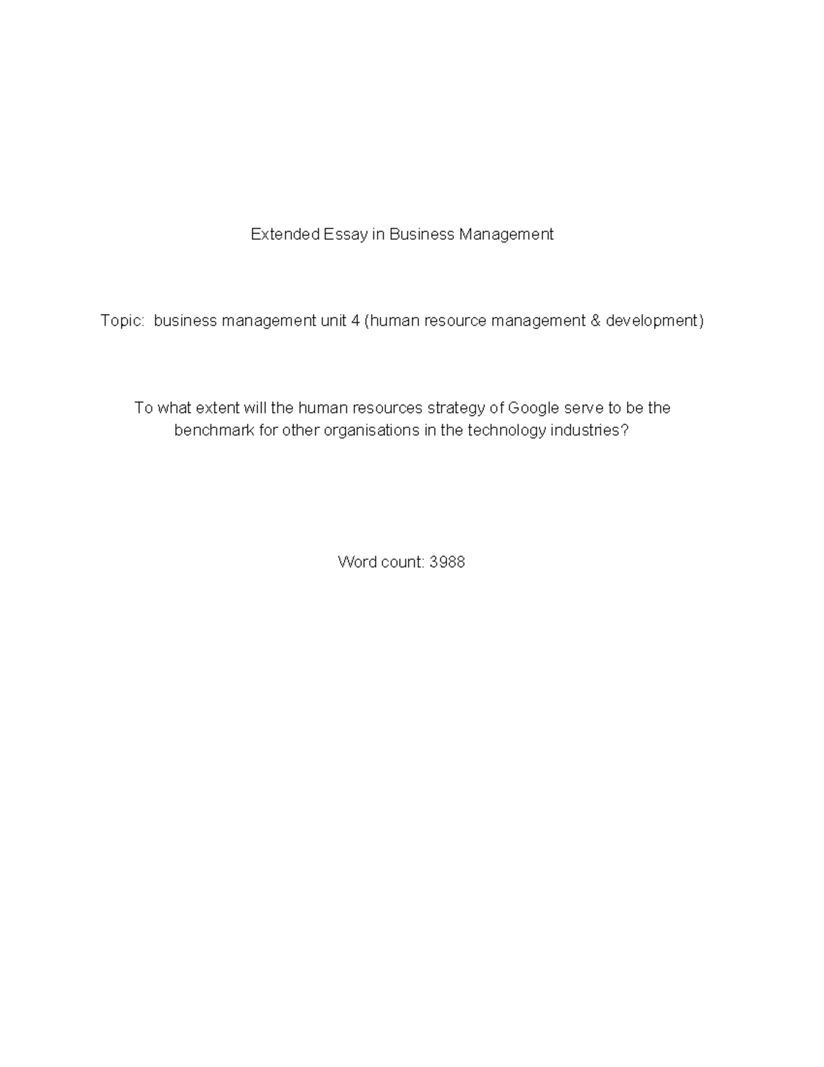 Example ee business Extended Essay in Business Management Topic