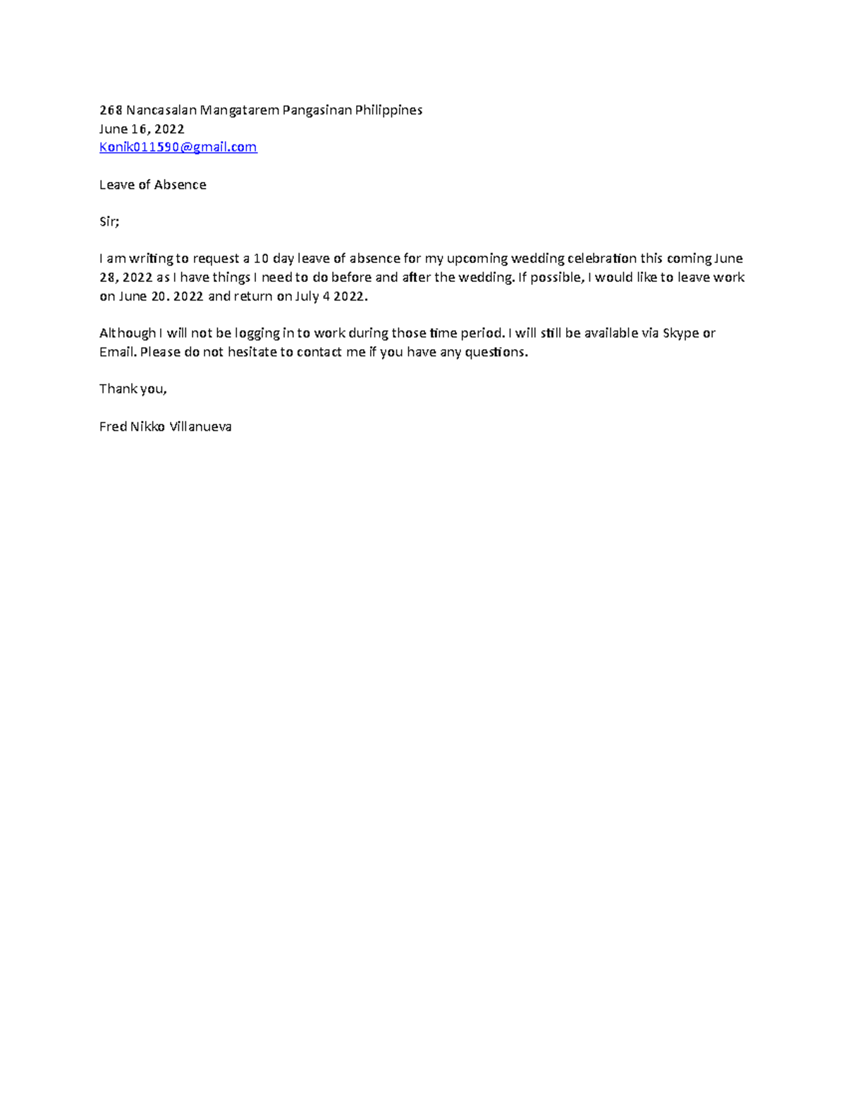 Leave of absence letter 268 Nancasalan Mangatarem Pangasinan