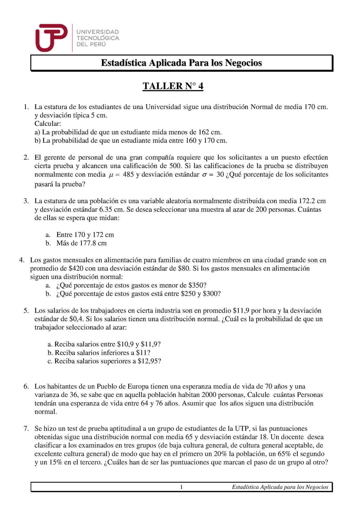 Taller EP 1 Nº 4 - Ejercicios - 1 Estadística Aplicada Para Los ...