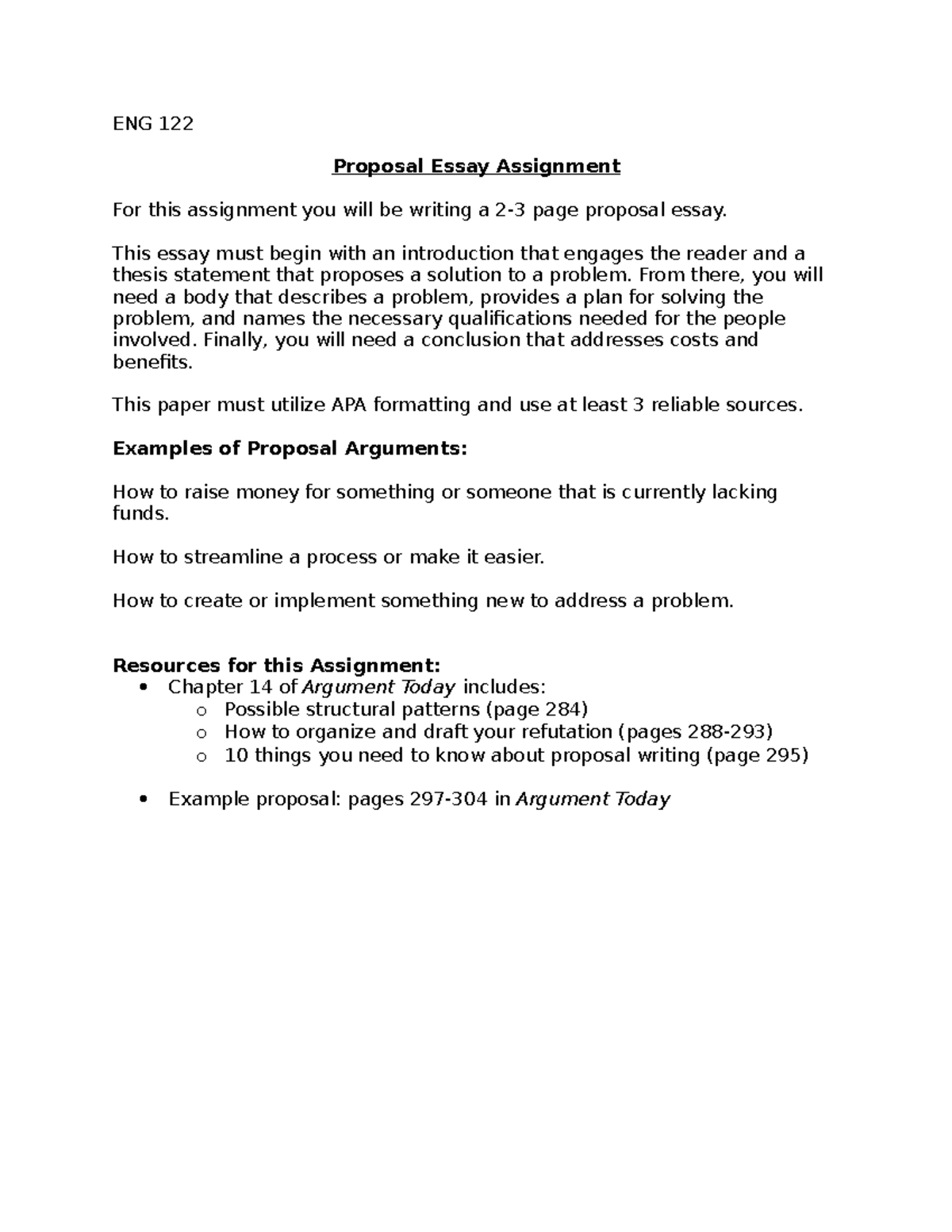 ENG 122 proposal essay assignment - ENG 122 Proposal Essay Assignment ...