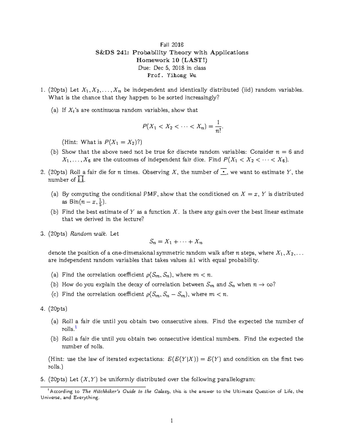 Hw10 pset - hw 10 - Fall 2018 S&DS 241: Probability Theory with ...