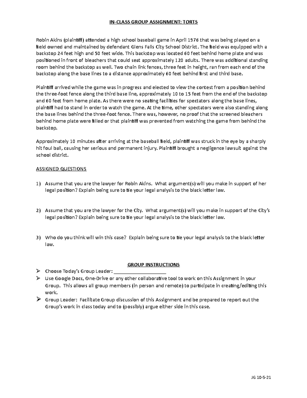 Baseball Case Case for act of duty INCLASS GROUP ASSIGNMENT TORTS