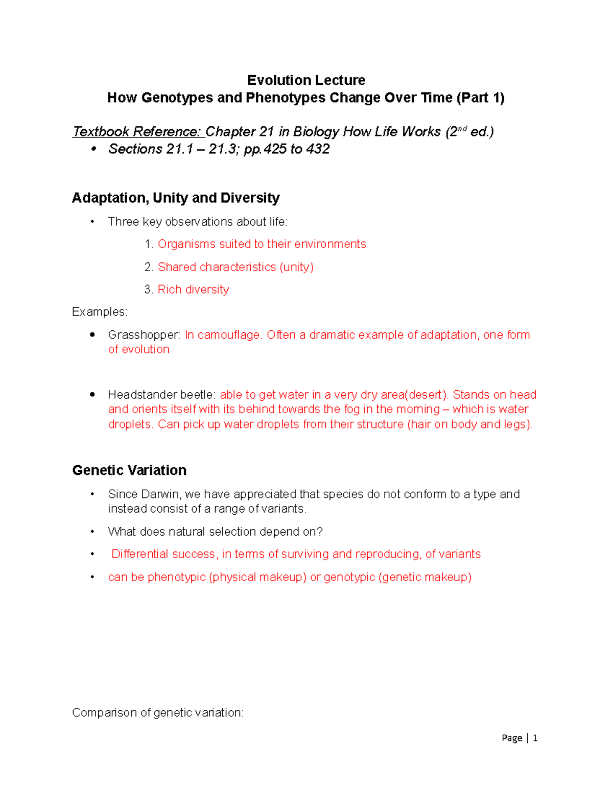 Lecture 1 - Evolution Lecture How Genotypes and Phenotypes Change Over ...