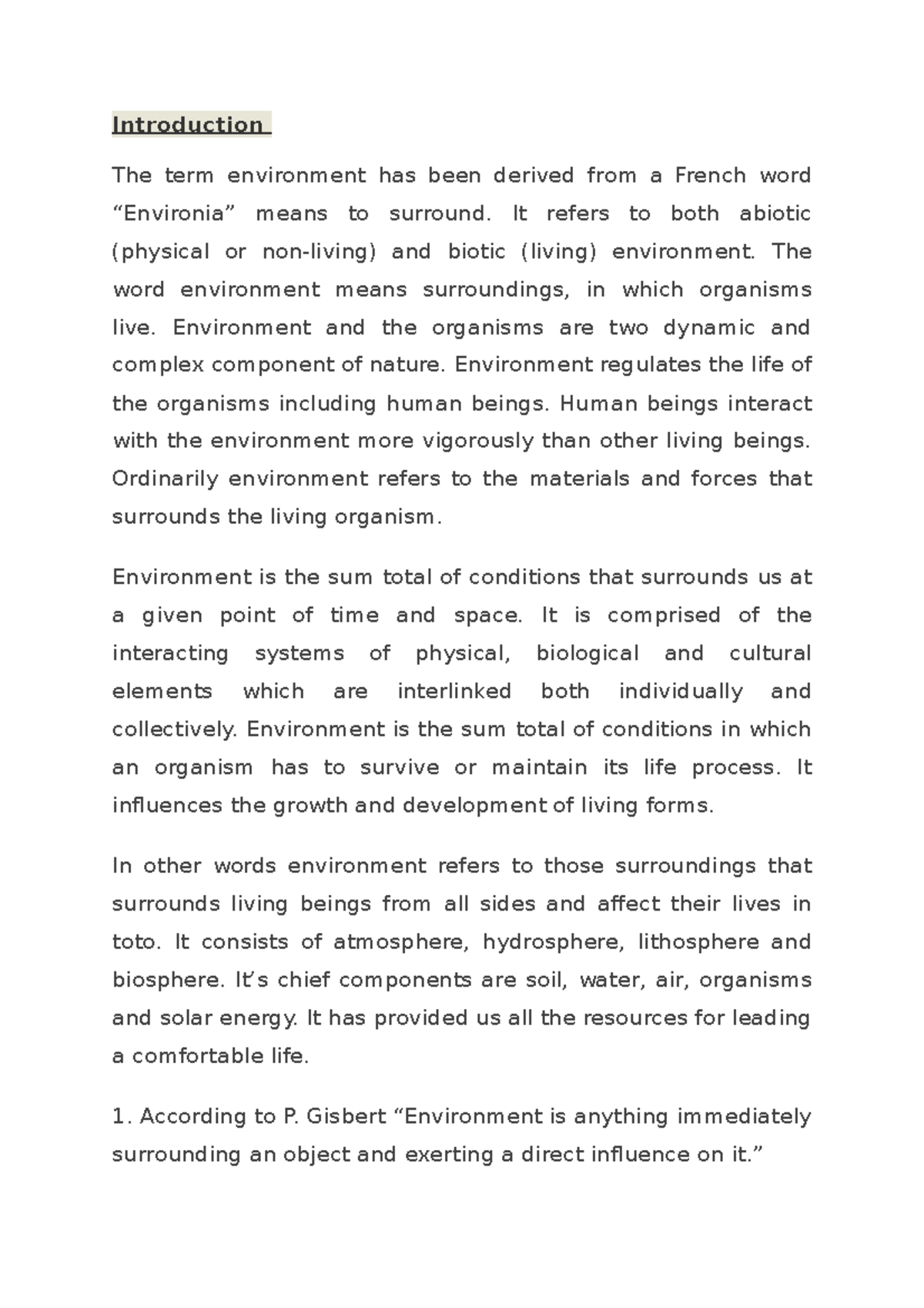concept of environment - Introduction The term environment has been ...