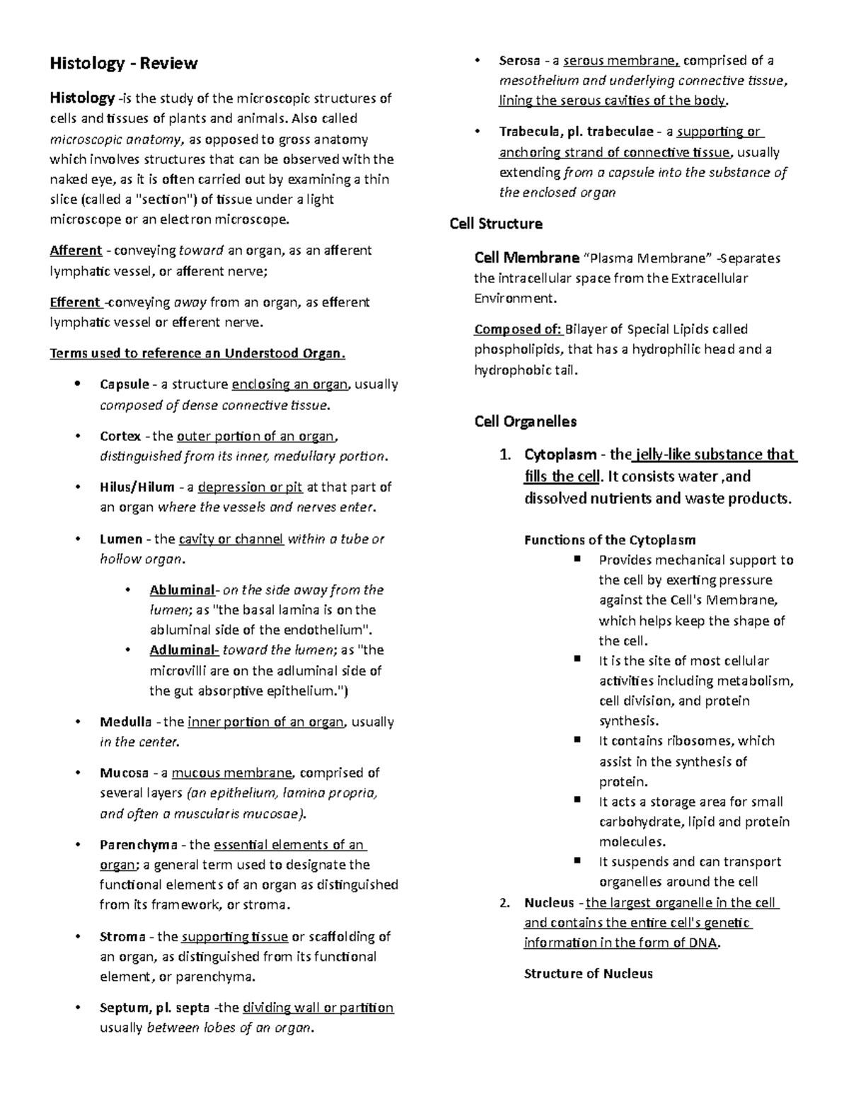 Histology-Review - Histology Week 1 Introduction, Basic Cell Structure ...