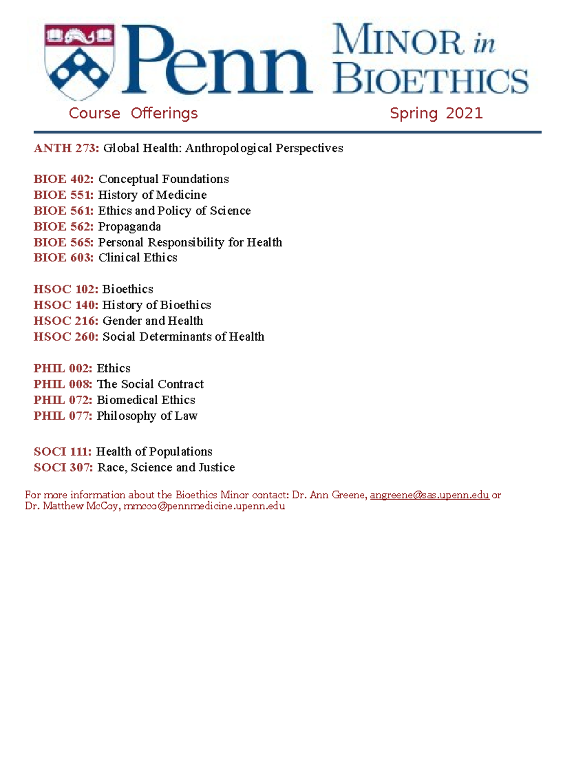 Bioethics Minor Courses Spring 2021 - Course Oferings Spring 2021 ANTH ...