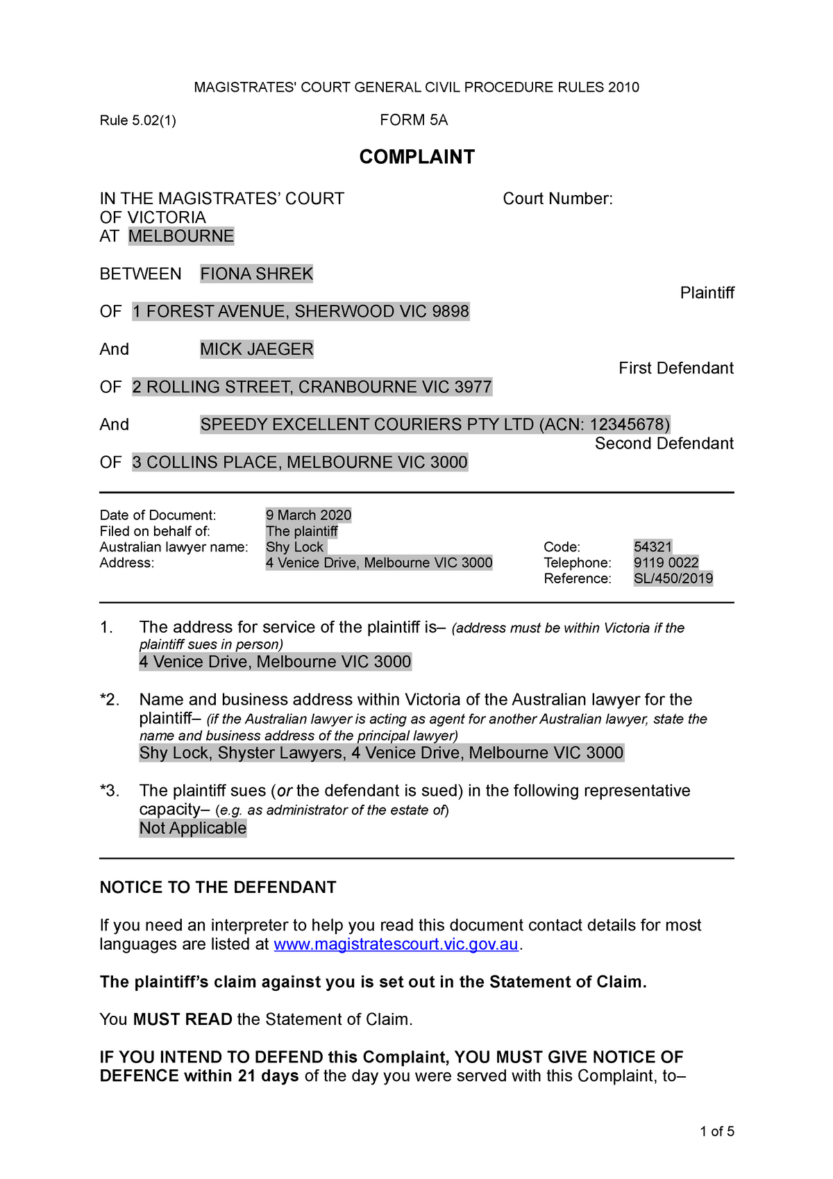 Drafting a complaint Answer Guide Version 1 - MAGISTRATES' COURT ...