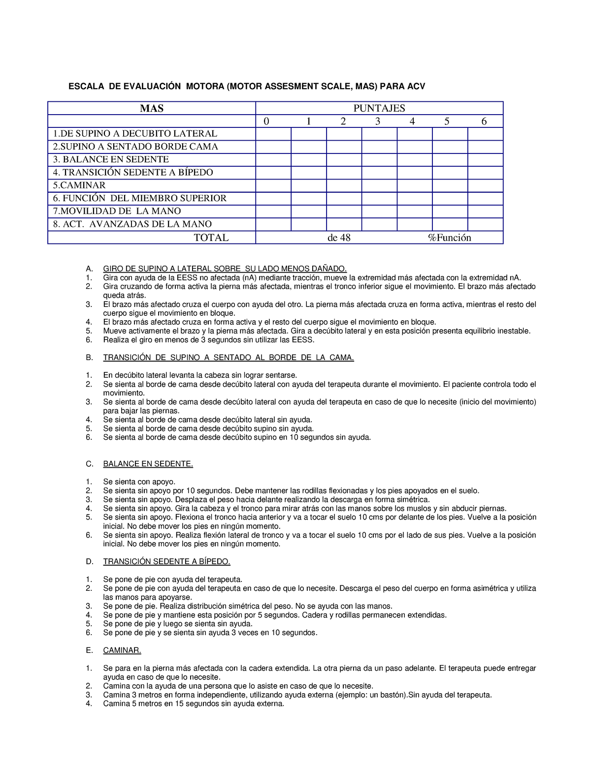 Escala DE Evaluación Motora ( Motor Assesment Scale, MAS) PARA ACV ...