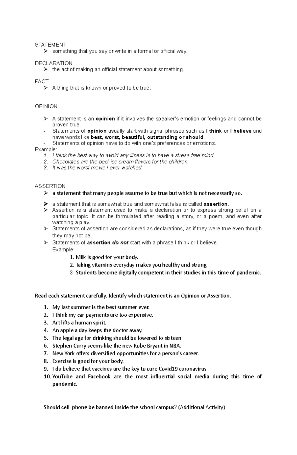 Opinion and Assertion - Summaries of lessons - STATEMENT something that ...