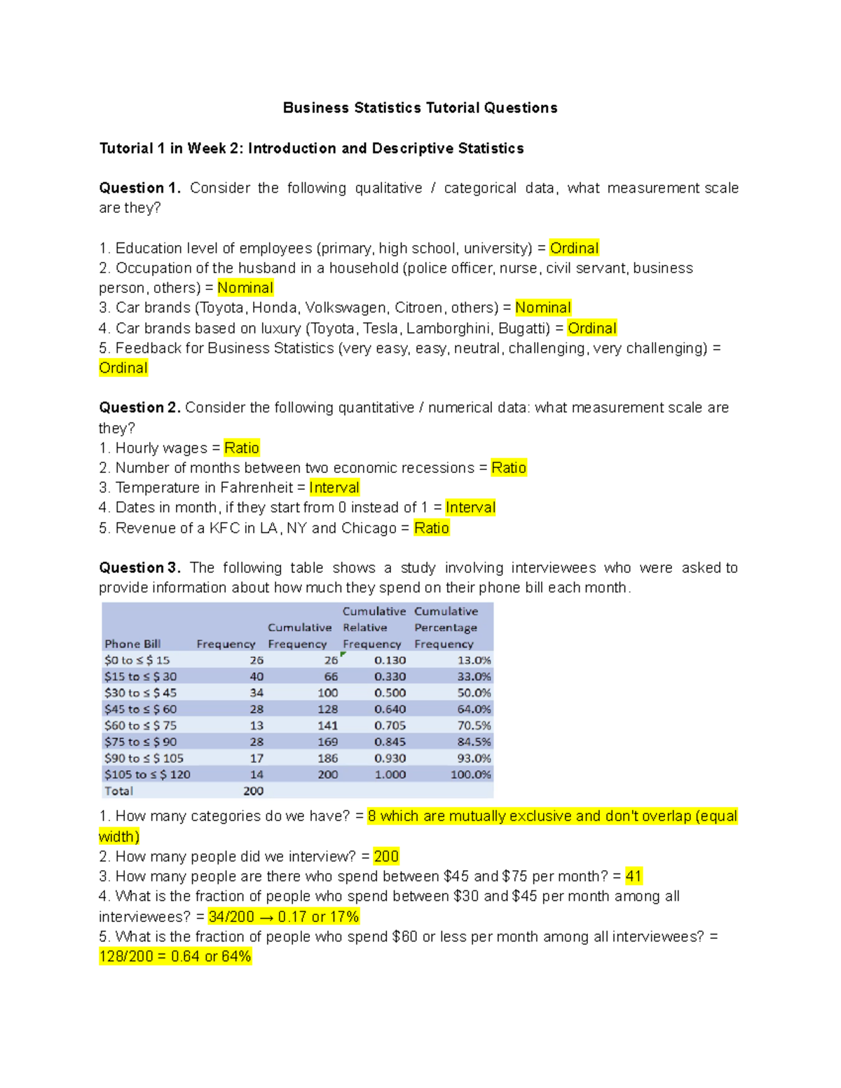 Business Statistics Tutorial Questions - Business Statistics Tutorial ...