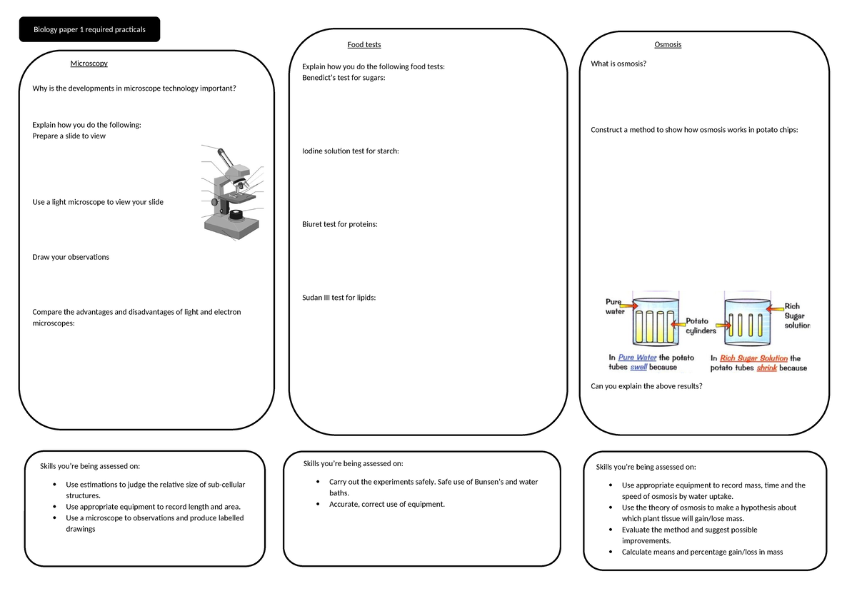 Biology paper 1 revision - Microscopy Food tests Osmosis Biology paper ...