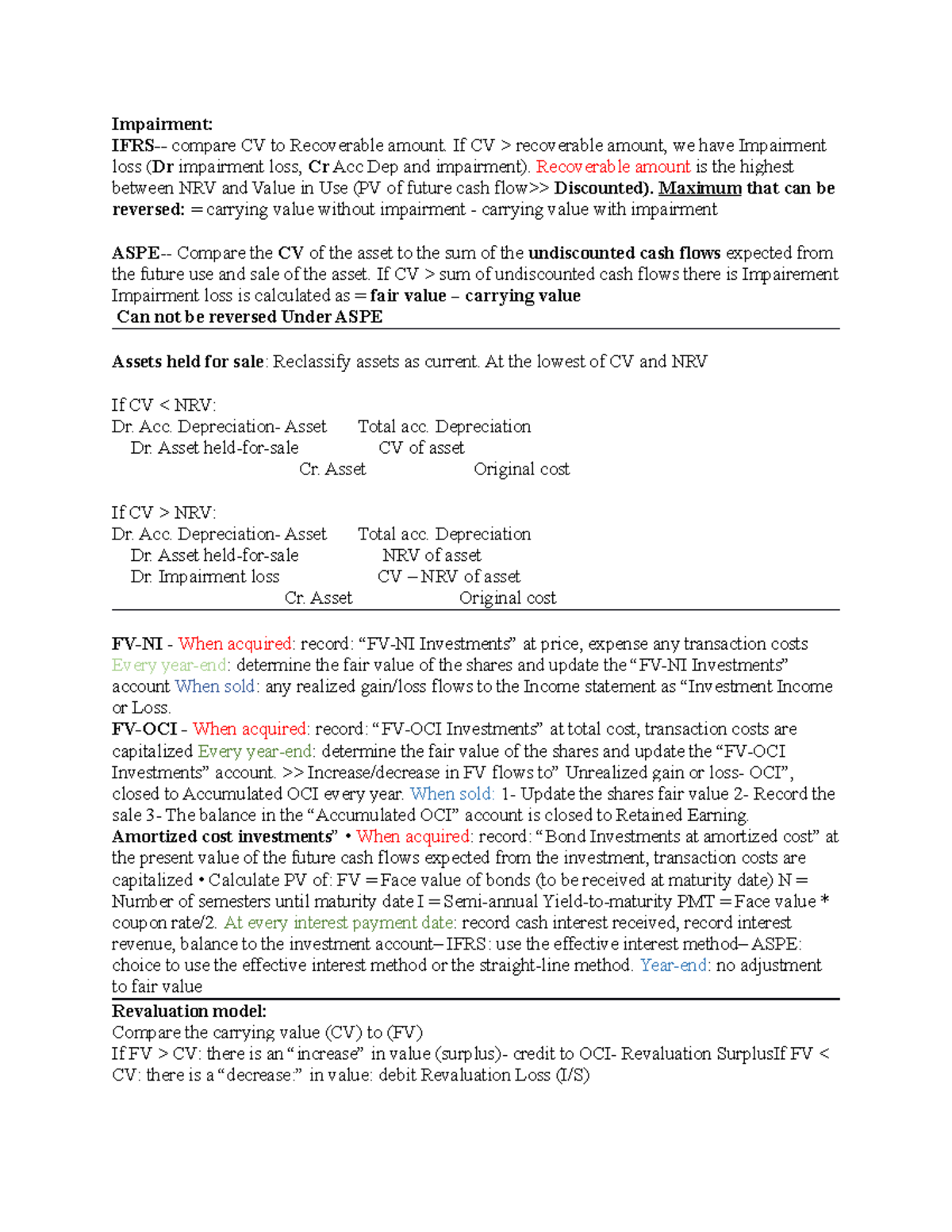 Cheat sheet final - Impairment: IFRS- compare CV to Recoverable amount ...