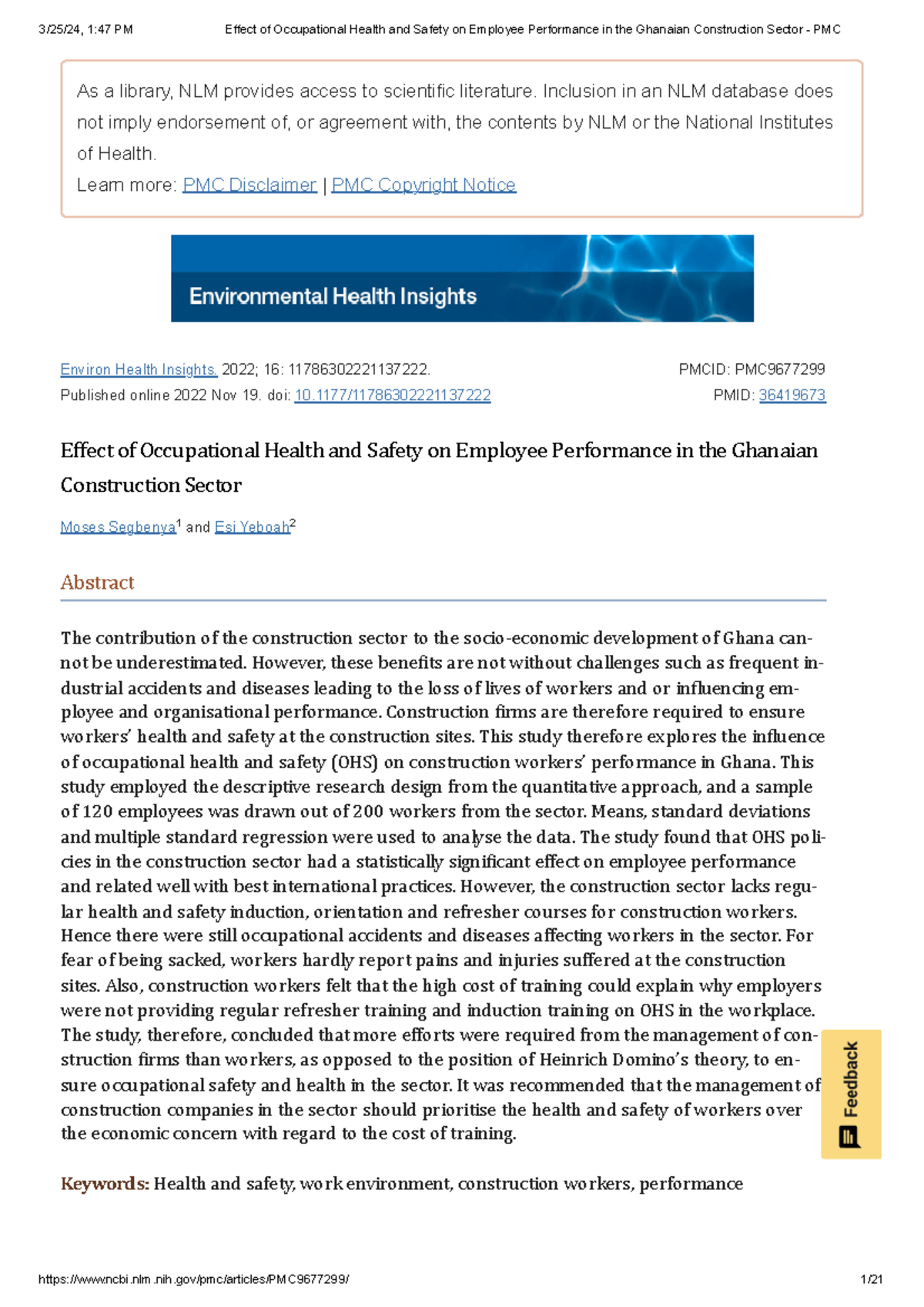 Effect of Occupational Health and Safety on Employee Performance in the ...