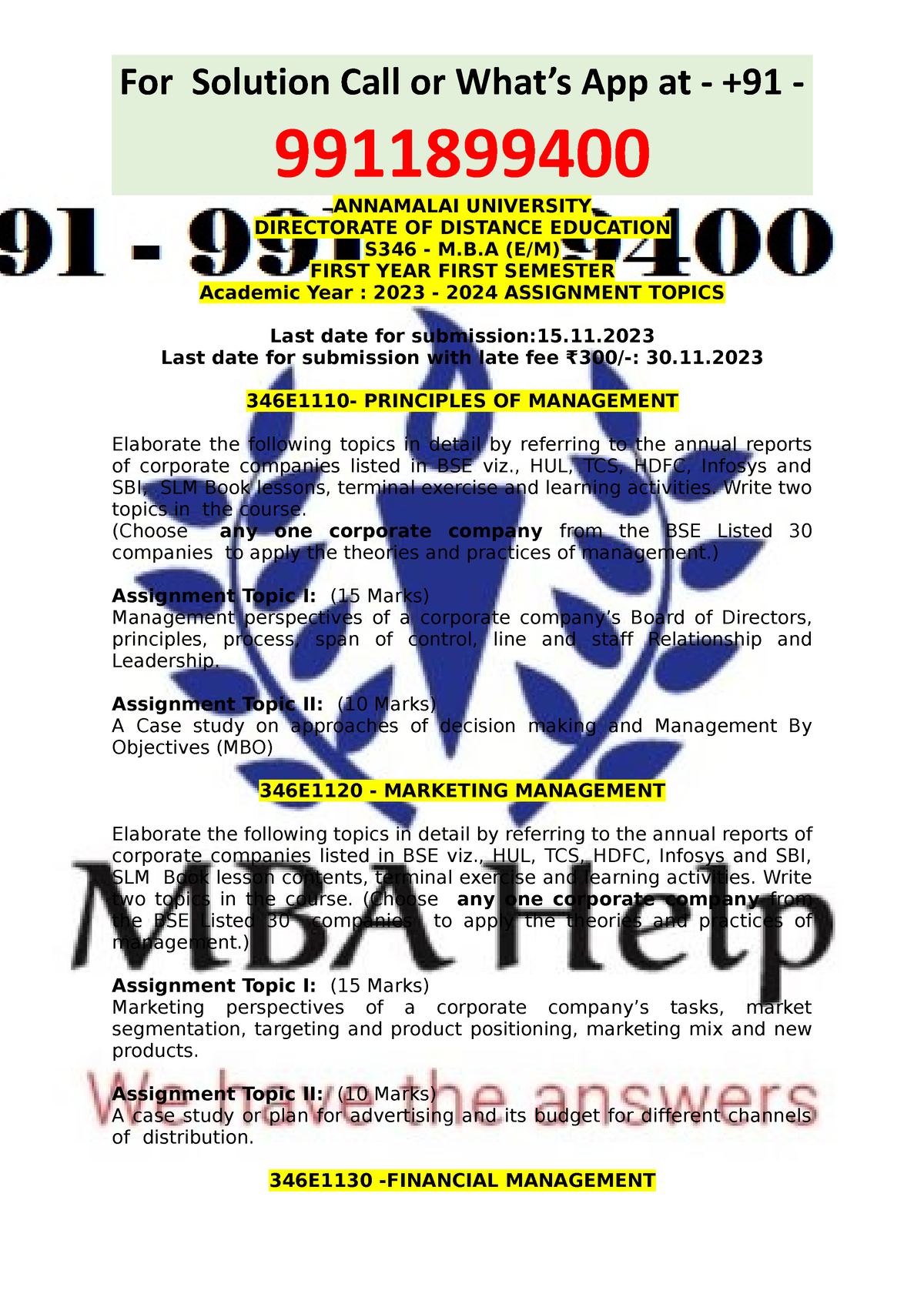 annamalai university mba assignment 2022 answers