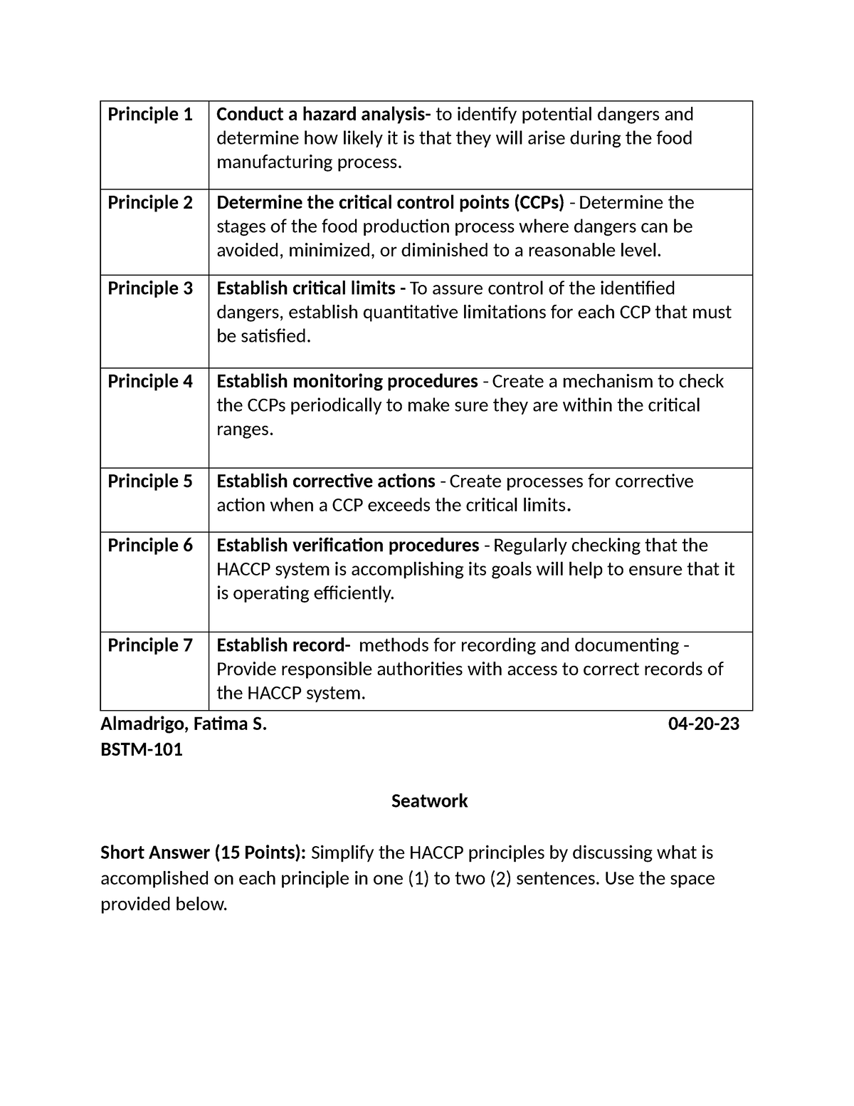 Seatwork Risk Management - Principle 1 Conduct a hazard analysis- to ...