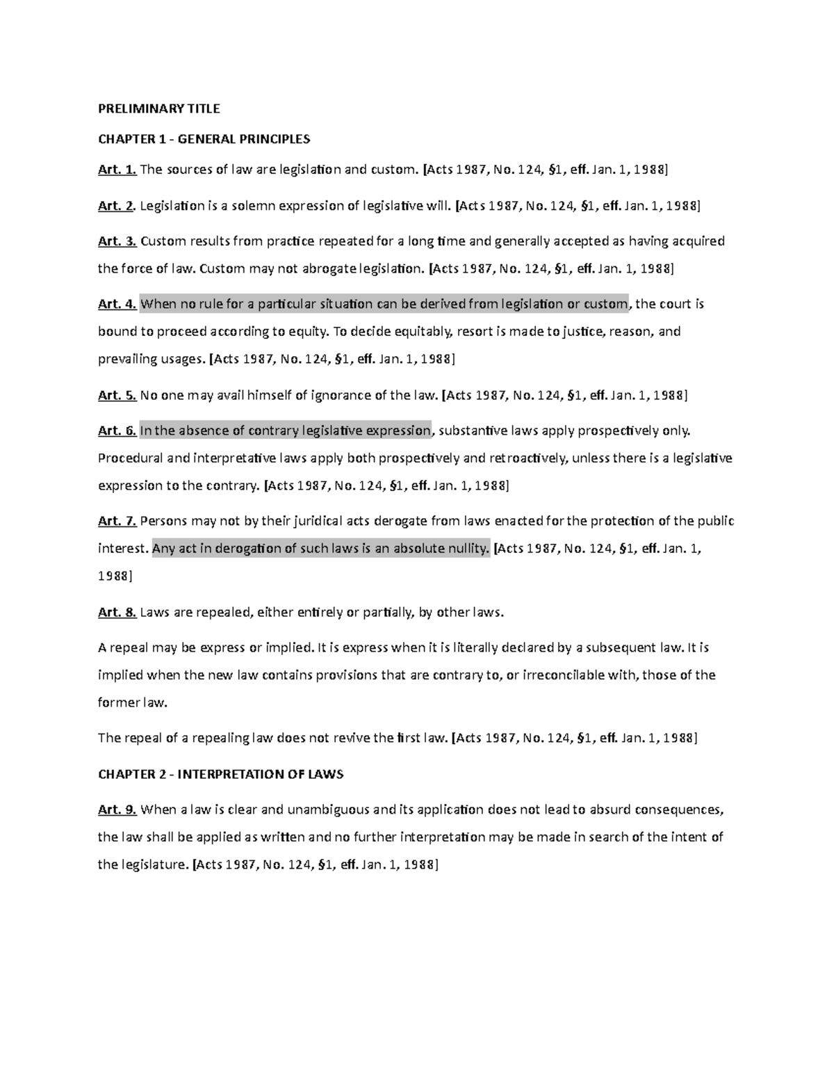 Louisiana Civil Code Preliminary Title Chapter 1 General Principles