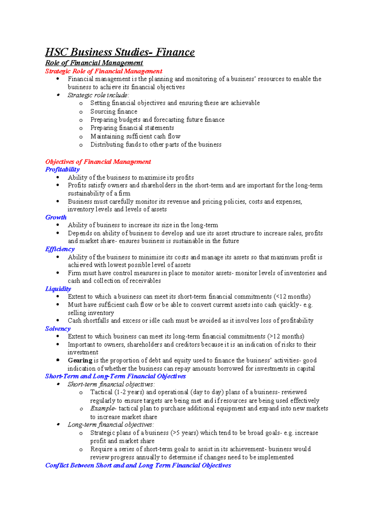 Notes - Finance - HSC Business Studies- Finance Role of Financial ...