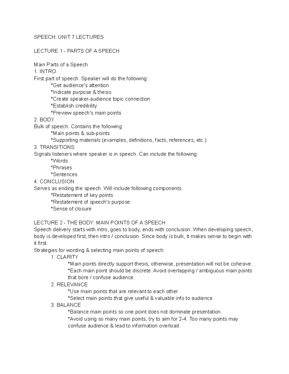 Speech Unit 7 Lectures SPEECH UNIT 7 LECTURES LECTURE 1 PARTS OF A 