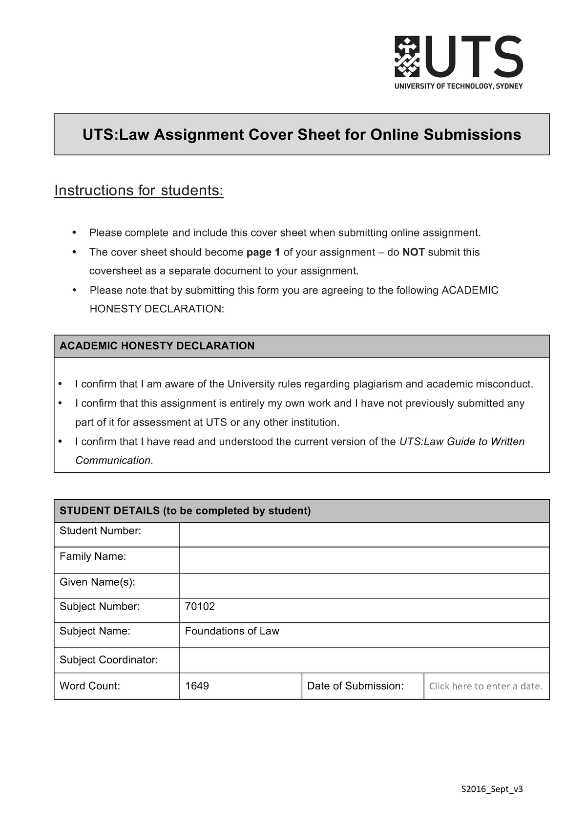 uts assignment cover sheet 2023