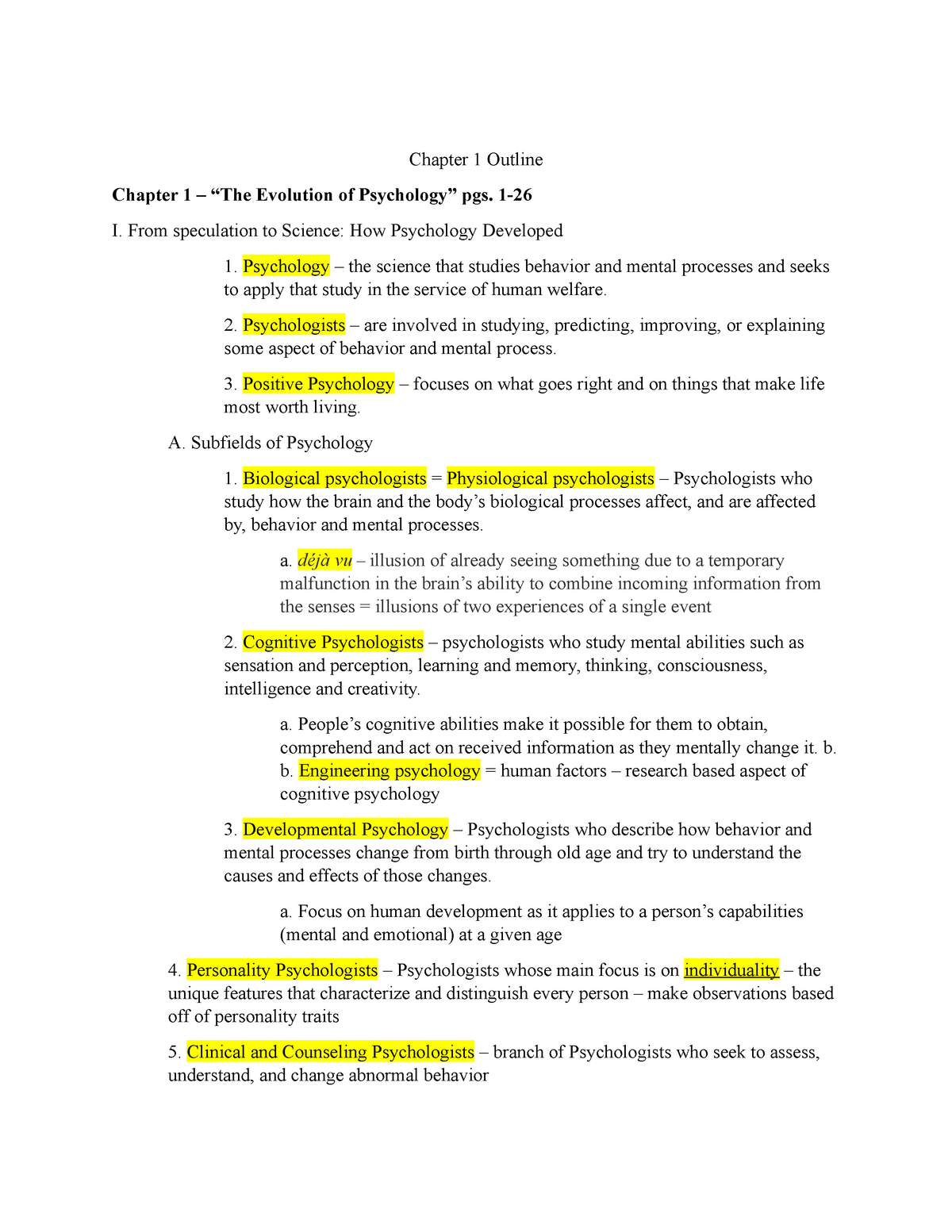 Ch1 Psych Outline Chapter 1 Notes Chapter 1 Outline Chapter 1 “the Evolution Of 