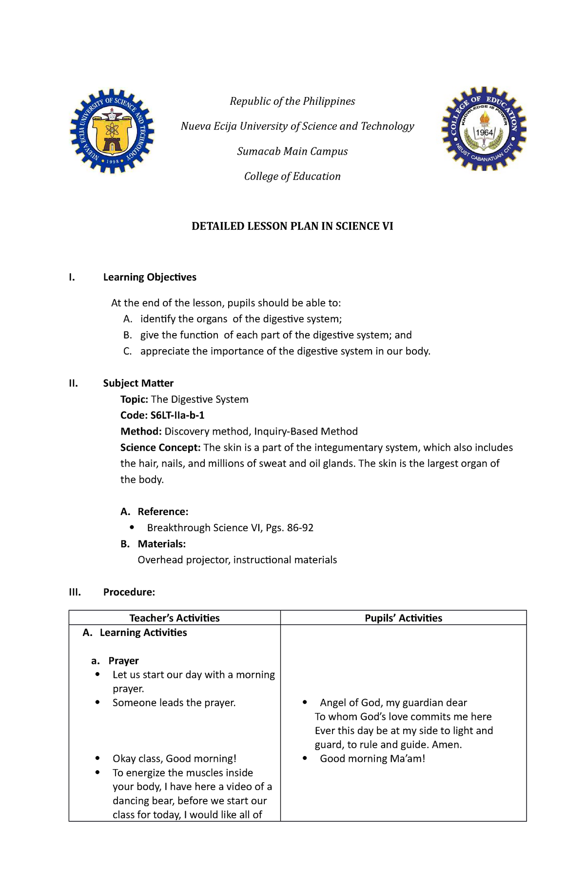 Sample Daily Lesson Plan For Grade 6 Students - The Digestive System ...