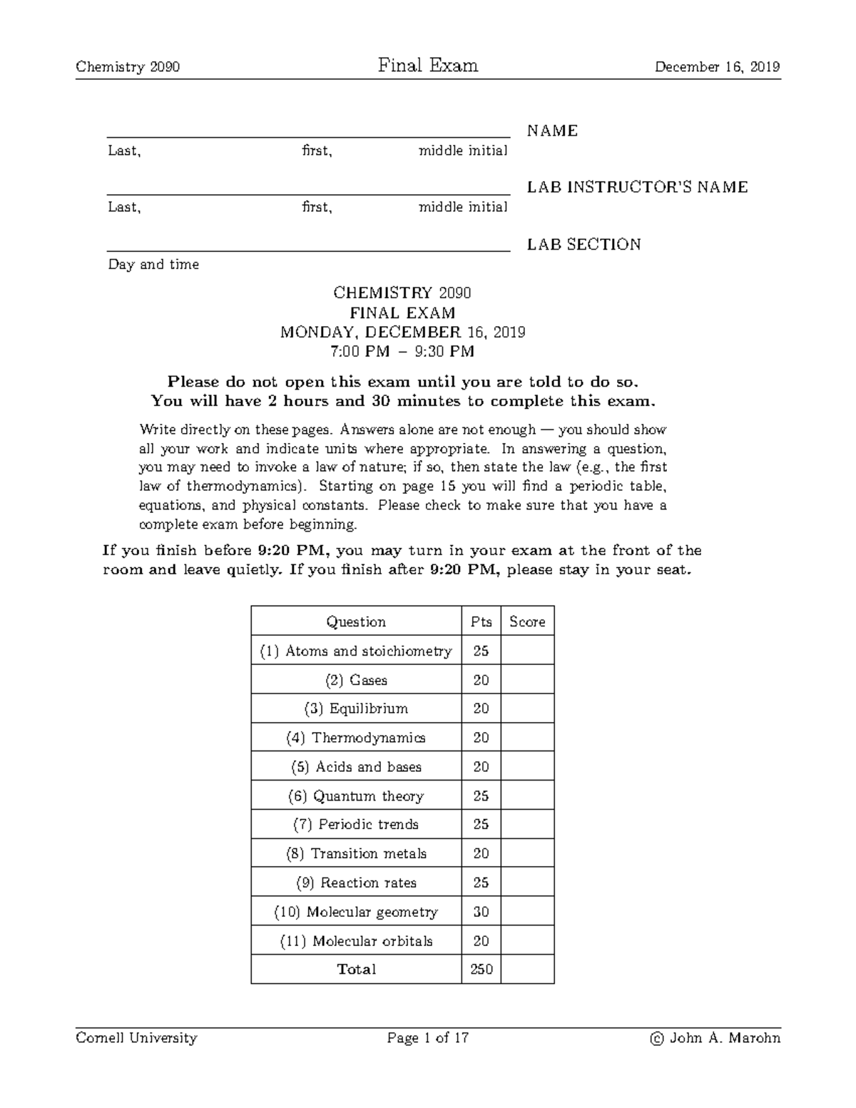 Chem 2090 Exam Marohn Fall 2019 EX03 - NAME Last, first, middle initial ...