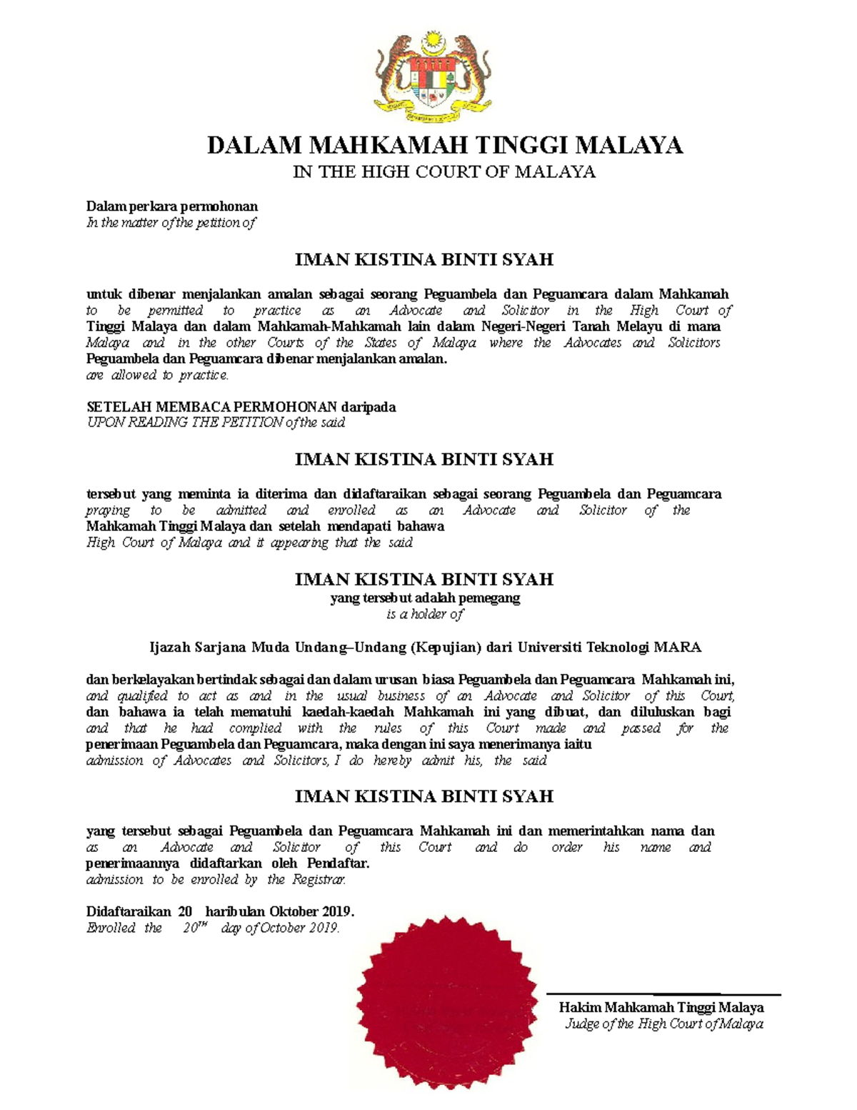 Certificate OF Admission DALAM MAHKAMAH TINGGI MALAYA IN THE HIGH