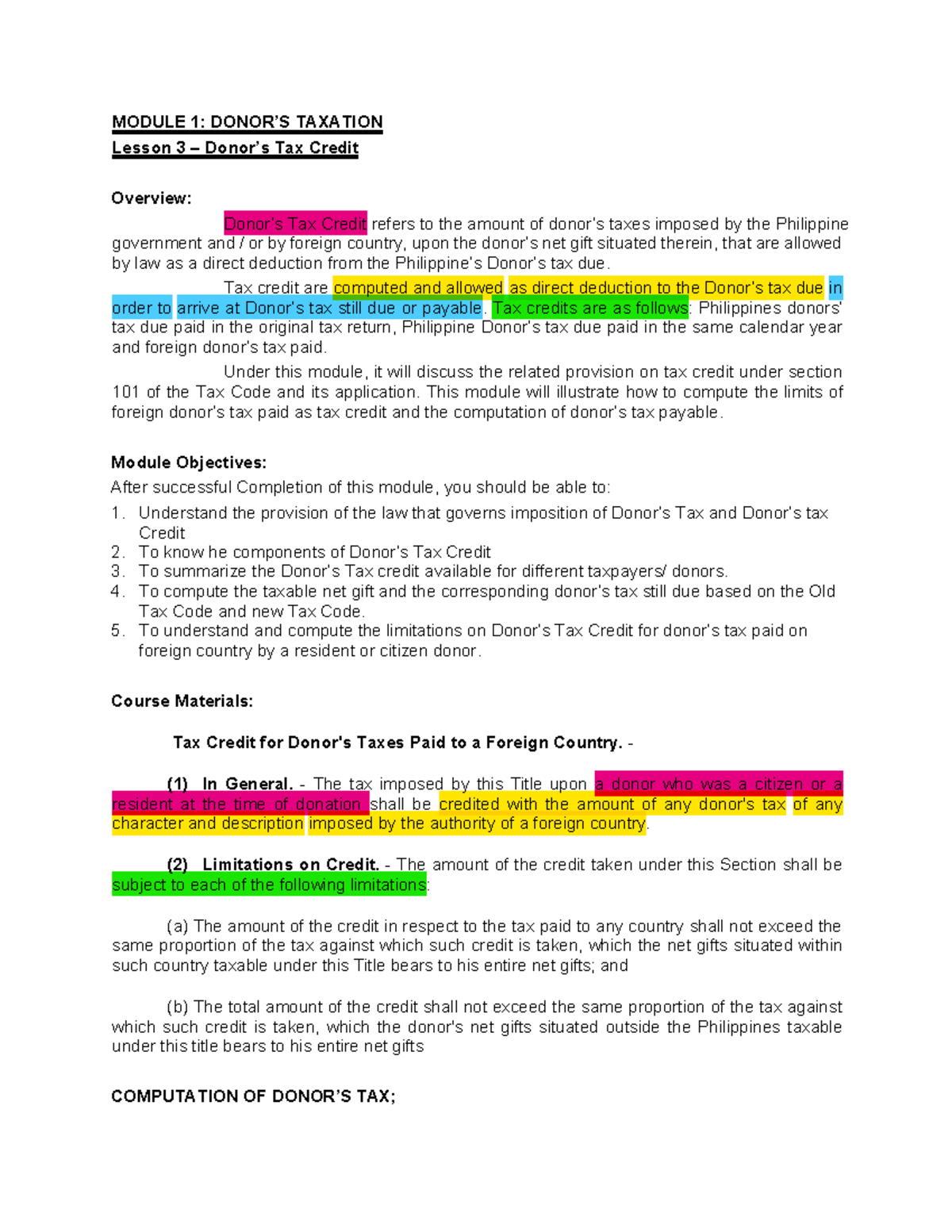 Module 1 Lesson 3 Lecture Notes 3 MODULE 1 DONOR S TAXATION Lesson 