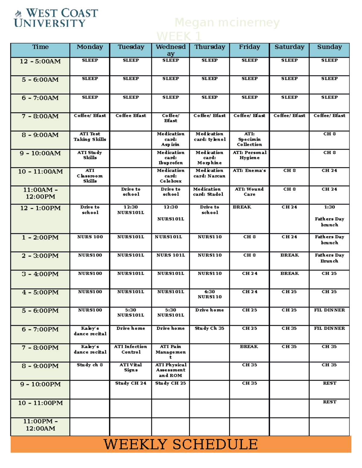 Week 1 Schedule Template NURS110 - Megan mcinerney WEEK 1 Time Monday ...