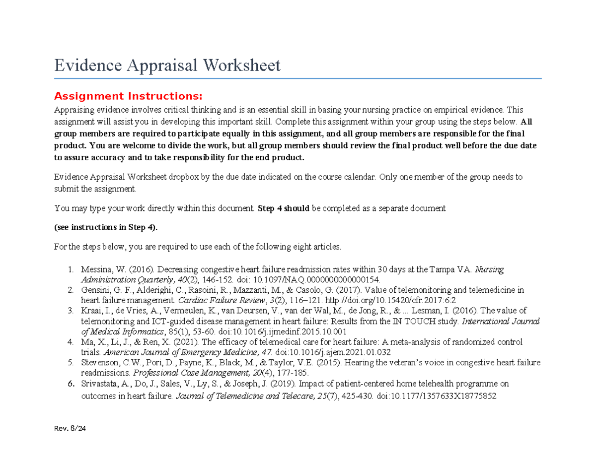 Evidence Appraisal Worksheet - Evidence Appraisal Worksheet Assignment ...