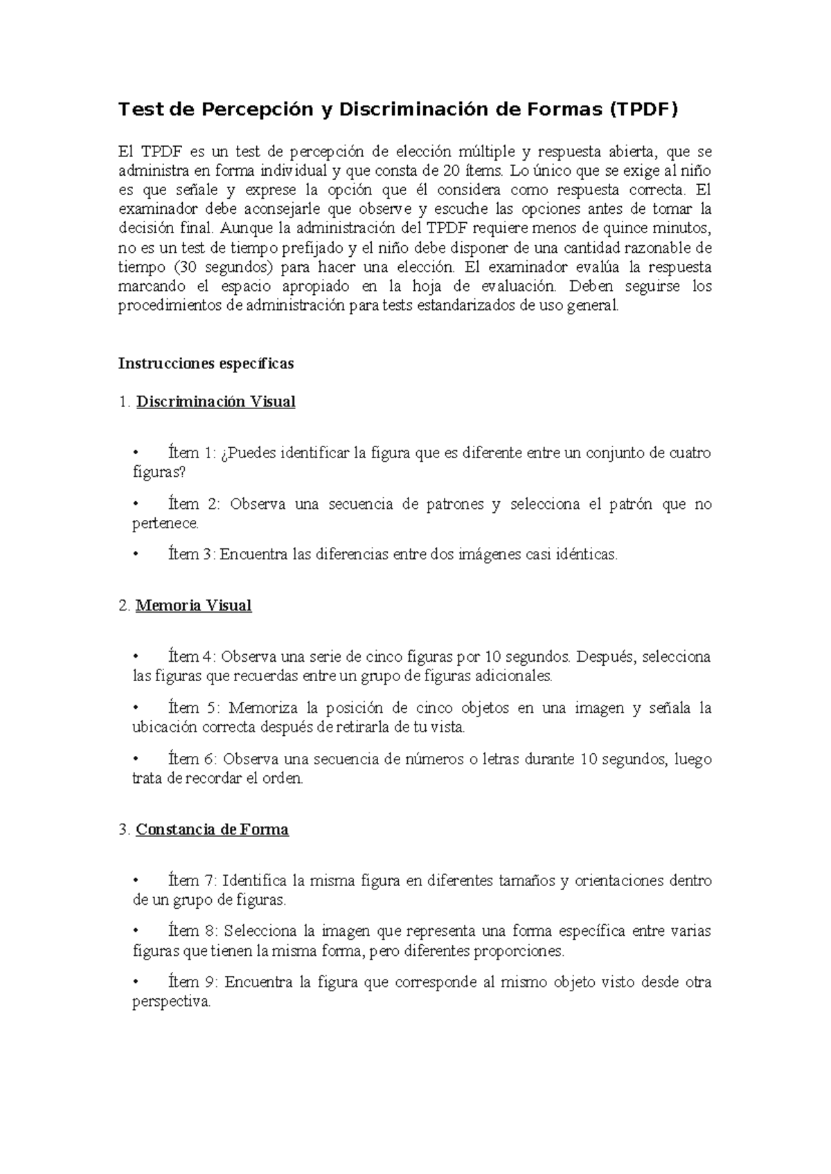 Items - test de percepcion - Test de Percepción y Discriminación de ...