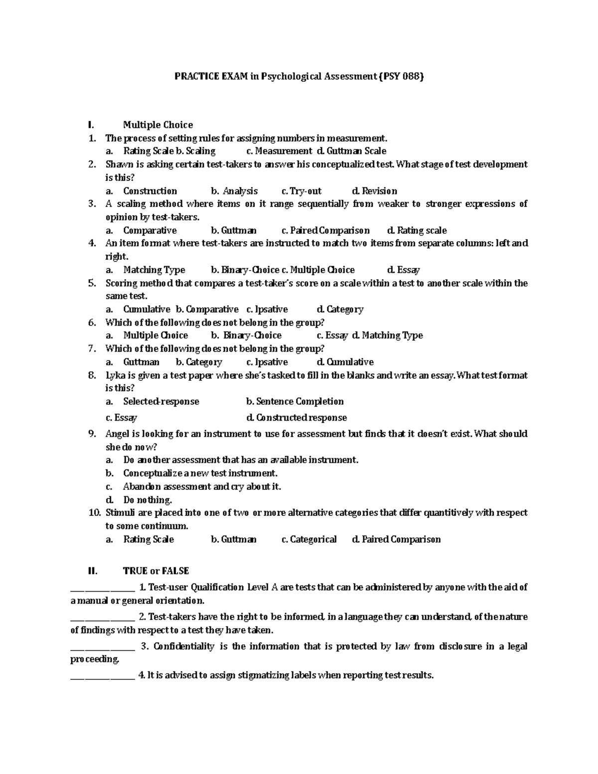 Practice EXAM in Psychological Assessment PRACTICE EXAM in Psychological Assessment (PSY 088