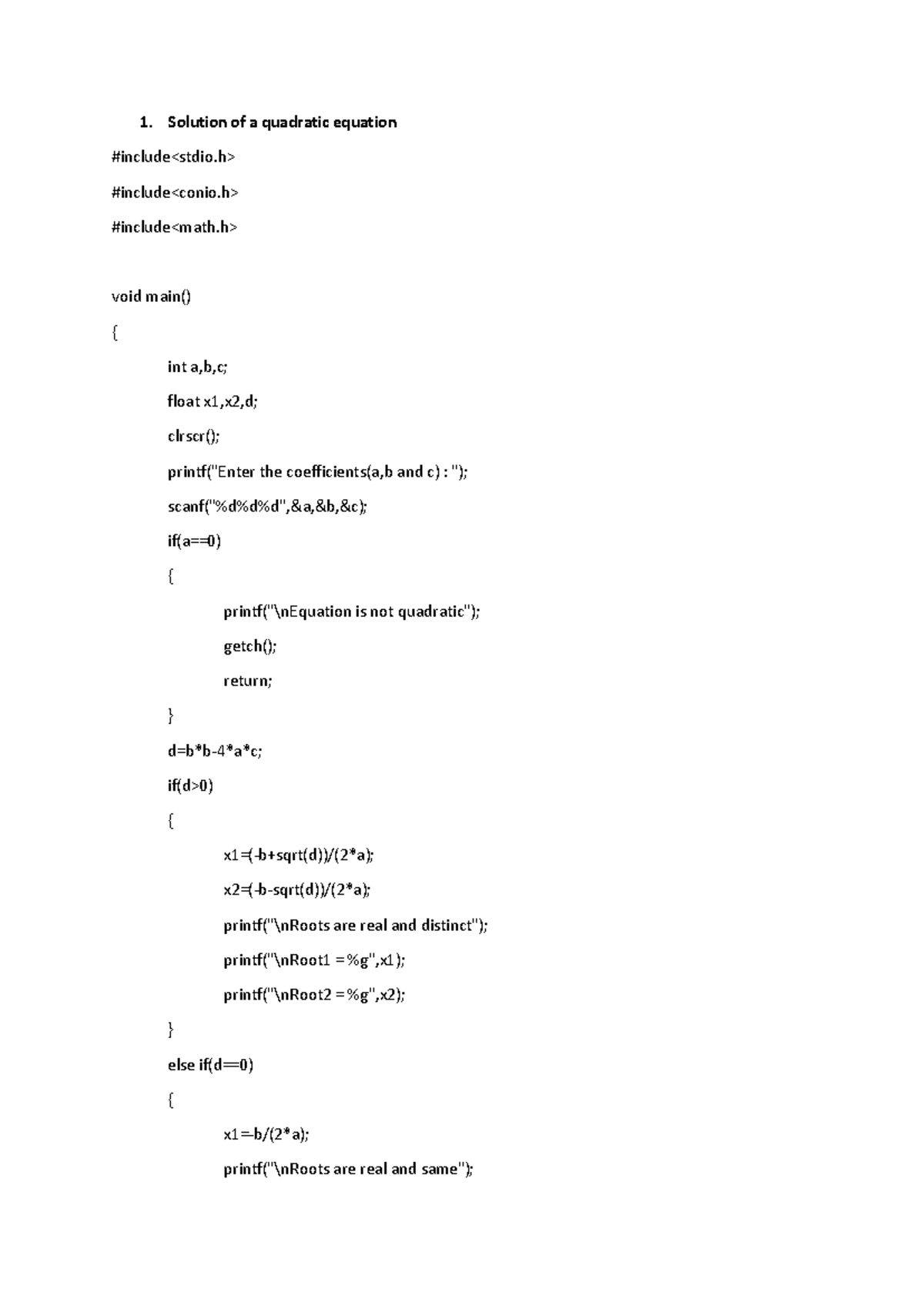 C Pgms - C programming - Solution of a quadratic equation #include ...