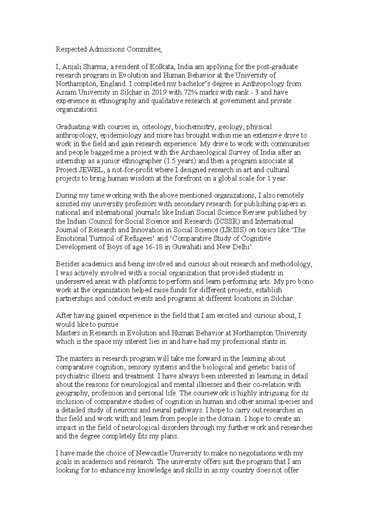 Anjali sop uk - it is an analyzation assignment - Respected Admissions Committee, I, Anjali ...
