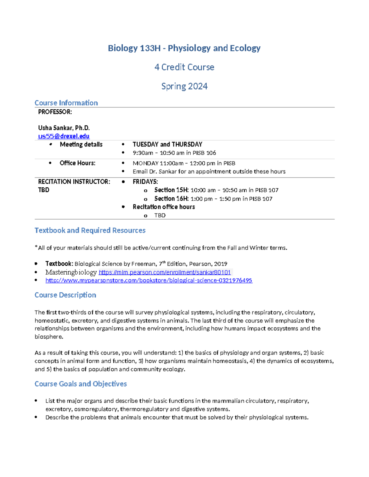BIO 133 H Sankar Sp24 Syllabus - Biology 133H - Physiology and Ecology ...