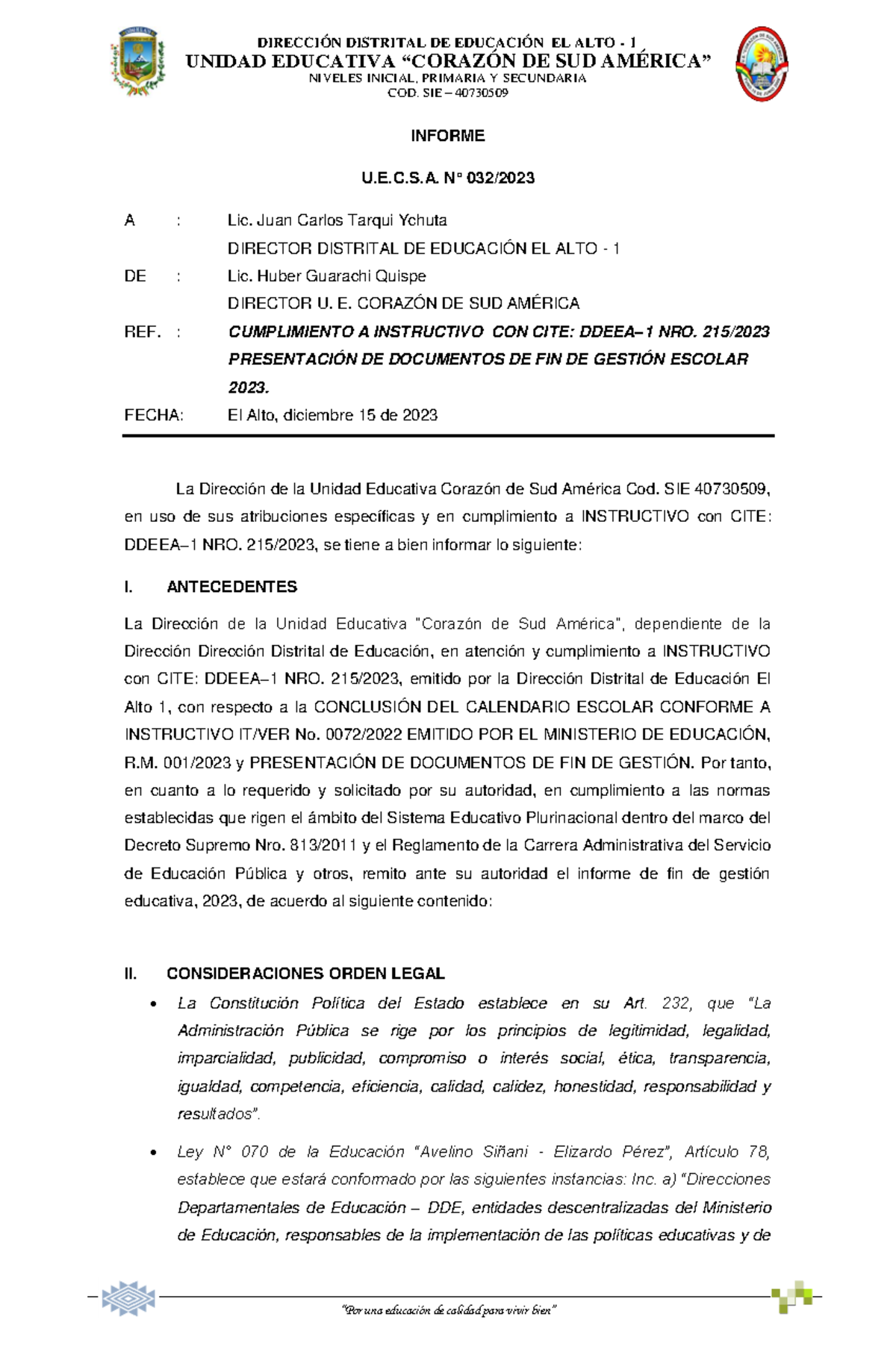 Informe FIN DE Gestión 2020 - UNIDAD EDUCATIVA “CORAZÓN DE SUD AMÉRICA ...