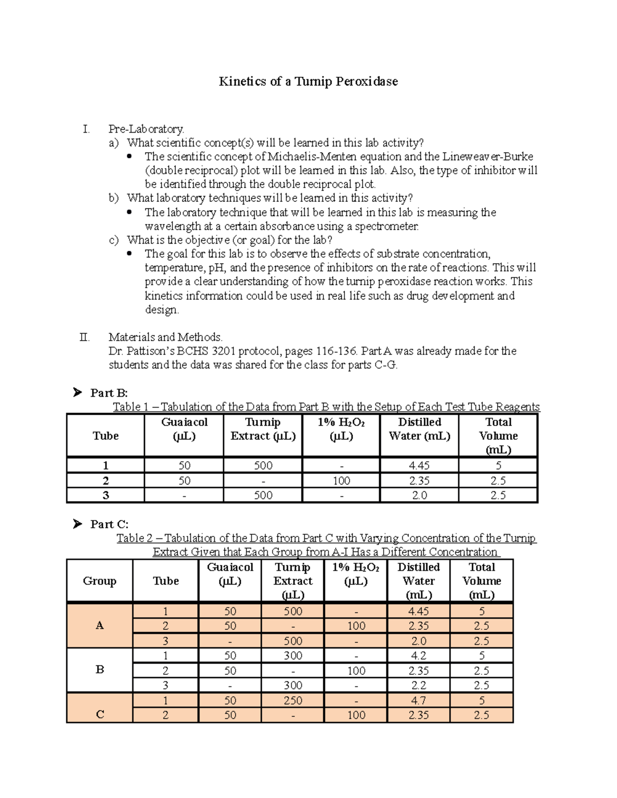 9 Kinetics of a Turnip Peroxidase - Pre-Laboratory. a) What scientific ...