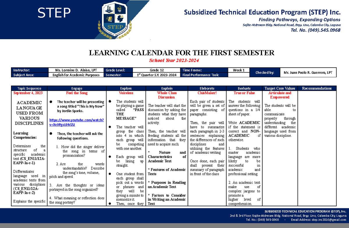 Quarter 1 - Week 1 - Exemplar - LEARNING CALENDAR FOR THE FIRST