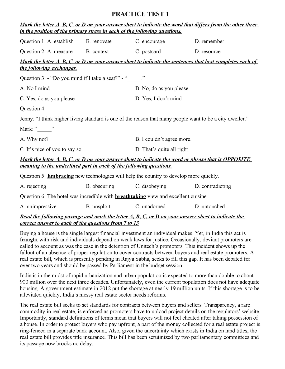 1 - English Practice Test - PRACTICE TEST 1 Mark The Letter A, B, C, Or ...