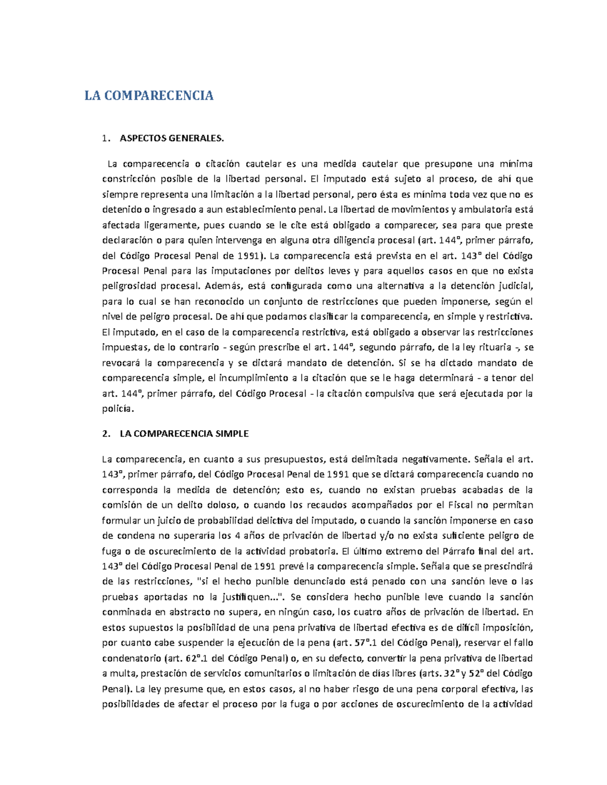 LA Comparecencia - Resumen derecho procesal penal - LA COMPARECENCIA 1 ...