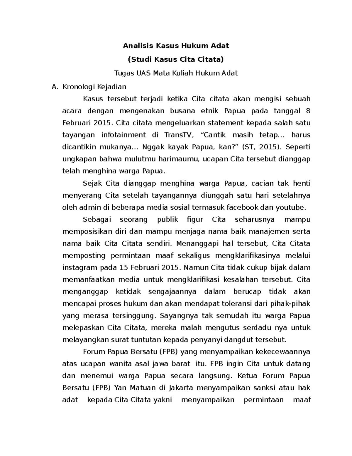 Analisis Kasus Hukum Adat - Analisis Kasus Hukum Adat (Studi Kasus Cita ...