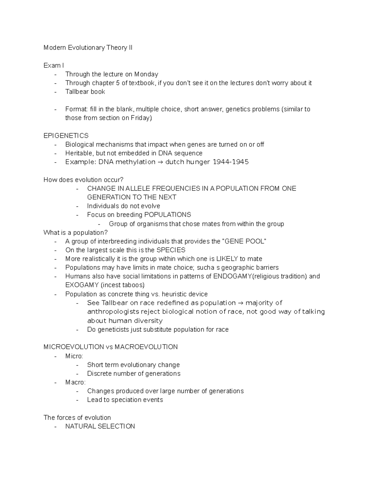 Modern Evoultionary Theory II - Modern Evolutionary Theory II Exam I ...