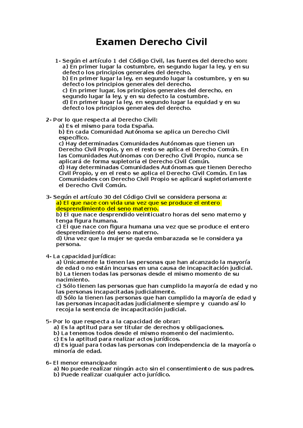 Examen Derecho Civil Enero 2018 - Examen Derecho Civil 1- Según El ...