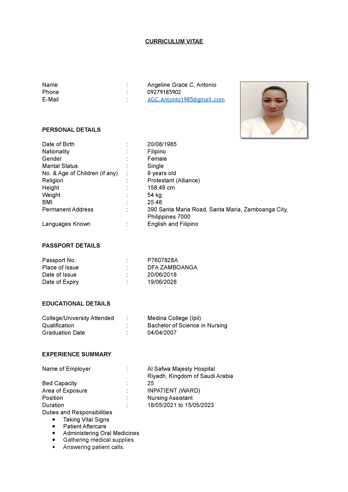 Curriculum Vitae - CURRICULUM VITAE Name : Angeline Grace C, Antonio ...